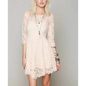 FREE PEOPLE Floral Lace Dress Asymmetrical Hem Blush Pink Women's Size 2